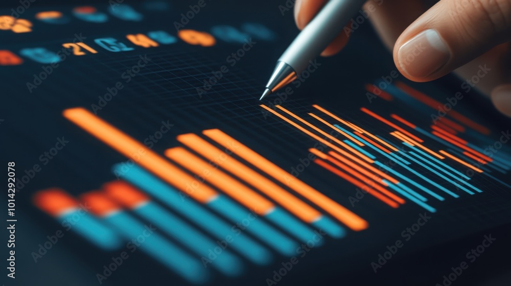 Poster consultant using stylus on tablet for data analysis