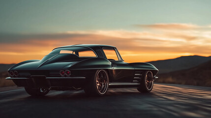 Naklejka premium Classic Black Sports Car on Sunset Road