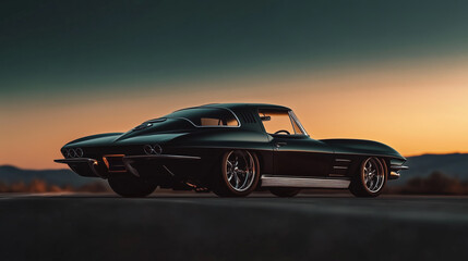 Classic Black Sports Car on Sunset Road

