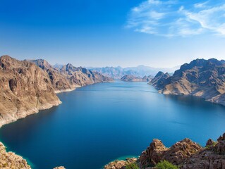 Serenity of Azure Majestic Lake Amid Desert Mountains - Wide-angle Panoramic Landscape of Tranquil Blue Waters and Rugged Peaks, Serene Nature Scene for Travel and Meditation