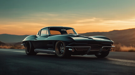 Classic Black Sports Car on Sunset Road

