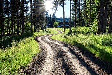 Fototapeta premium Rural dirt road winding through tall trees, with sunlight filtering through the branches, leading to a farmhouse in the distance