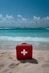 Vibrant Red First Aid Kit on Sunny Beach Safety Concept with Contrasting Colors and Serene Mood