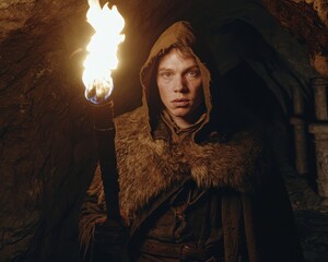Enigmatic Hooded Figure Holding Torch in Dark Cave - Mysterious Fantasy Character in Candlelit Setting, Medieval Atmosphere for Book Cover or RPG