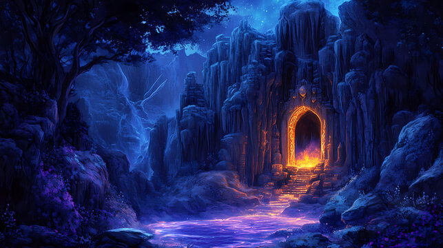 Mystical glowing cave entrance to an enchanting dwarven kingdom. Dwarven Fortress. Illustration