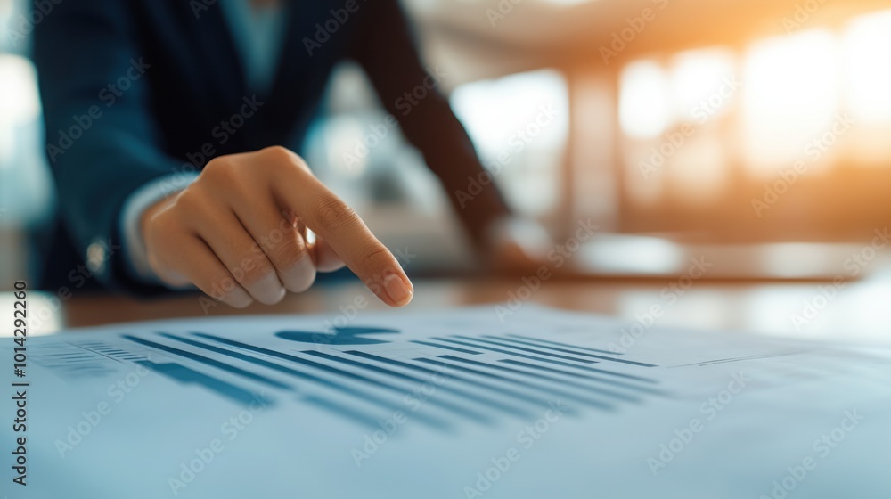 Poster hand pointing at paper pie chart in office setting