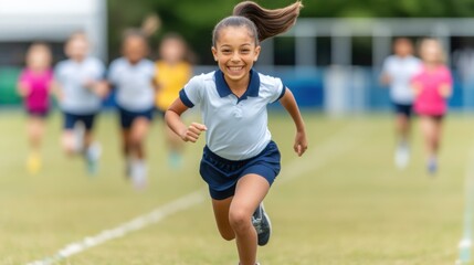 Fototapeta premium Children Competing in a Sprint on Grass Field