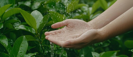 Tranquil Oasis Captivating Macro View of Cupped Hands Catching Water Droplets in Green Nature Background - Serene Nature Connection