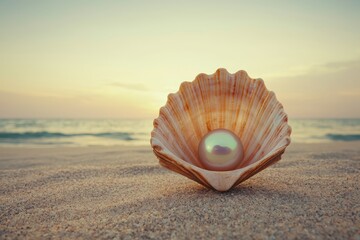 Serenity Seashell with Iridescent Pearl on Beach Shore - Peaceful Coastal Closeup with Warm Tones and Tranquil Seascape for Luxury Jewelry or Relaxation Concept