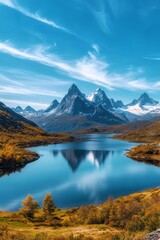 Serene Mountain Lake Reflection - Majestic Peaks and Vast Sky in Tranquil Landscape