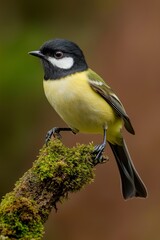 Obraz premium Closeup Great Tit Bird Perched on Mossy Branch in Enchanting Woodland Setting - Vibrant Yellow Plumage, Peaceful Nature Concept