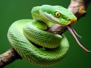 Obraz premium Vibrant Green Snake with Yellow Eye Coiled on Branch - Serpentine Beauty in Natural Setting
