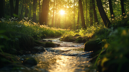 Fototapeta premium Sunlight filters through trees over a bubbling stream in a serene forest at dawn