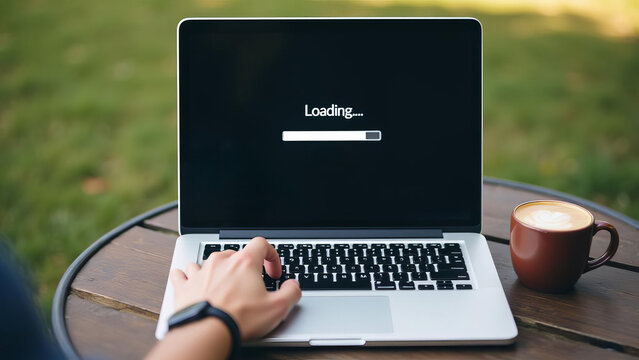 Digital Data Analysis Technology: Laptop Loading Screen with Coffee Cup Outdoors