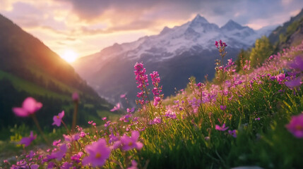 Obraz premium Sunset view over blooming flowers in a picturesque mountain valley with vibrant colors and scenery
