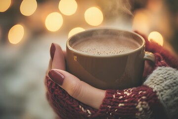 Cozy hands holding a steaming mug of hot chocolate with festive ambiance. Winter warmth concept