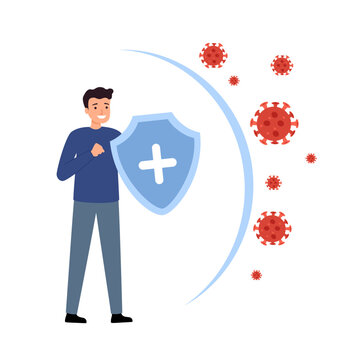 Immune system concept. . Health bacteria virus protection. Medical prevention human germ. Healthy man reflect bacteria attack with shield. Boost Immunity with medicine.