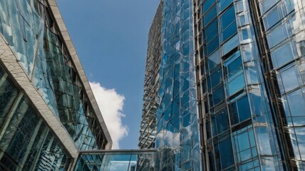 Fototapeta premium A wide-angle shot of a modern skyscraper, focusing on the building's glass windows and architectural details, with a bright blue sky in the background.