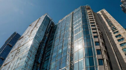 A wide-angle shot of a modern skyscraper, focusing on the building's glass windows and architectural details, with a bright blue sky in the background.