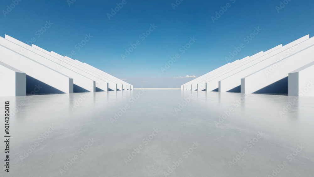 Poster 3d render of abstract modern concrete architecture with empty cement floor, minimal exterior, car pr