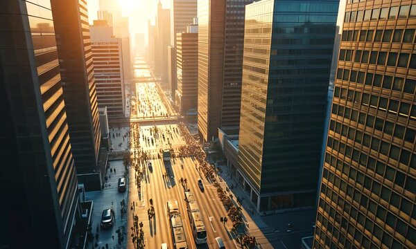 A morning in the business district of a city with skyscrapers and busy streets filled with people and traffic. Generated by AI