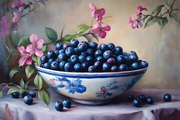 A vibrant still life painting featuring a bowl overflowing with ripe blueberries, surrounded by delicate pink flowers and soft, textured backgrounds.