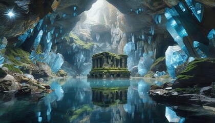 Mystical Underground Cave with Crystals and Ancient Ruins