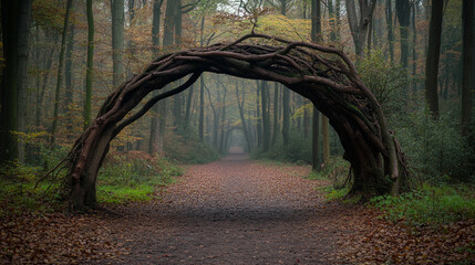 Obraz premium Creepy forest path with a natural archway formed by intertwined branches in autumn