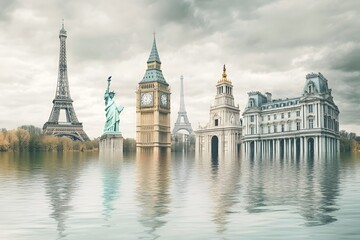 Naklejka premium A surreal scene featuring famous landmarks partially submerged in water, creating a dreamlike and evocative atmosphere.