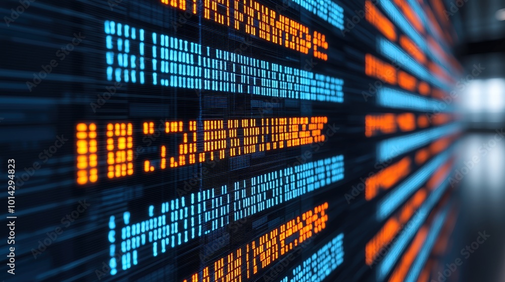 Poster futuristic digital data stream visualization blue and orange code on black background