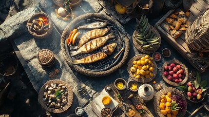 A vibrant market scene featuring grilled fish, fresh fruits, and traditional dishes on a rustic table.