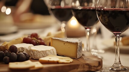 Elegant cheese platter paired with red wine, perfect for gatherings, events, or romantic dinners by candlelight.