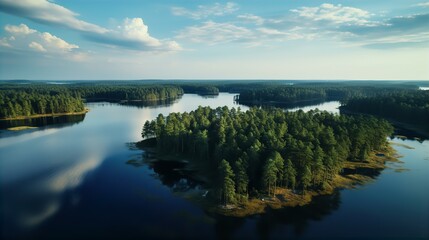 Obraz premium A serene lake nestled in a forest, reflecting the blue sky and fluffy clouds above, surrounded by beautiful scenery and mountains, perfect for summer travel and relaxation