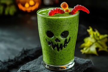 A spooky Zombie green smoothie with gummy worm garnish, perfect for Halloween celebrations and themed parties with creative decor