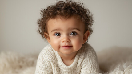 Naklejka premium Smiling Baby Boy with Curly Hair in a Cozy Sweater, Neutral Background