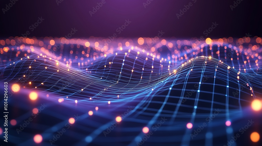 Leinwandbilder Abstract digital network with glowing points and lines, creating a dynamic wave-like pattern.