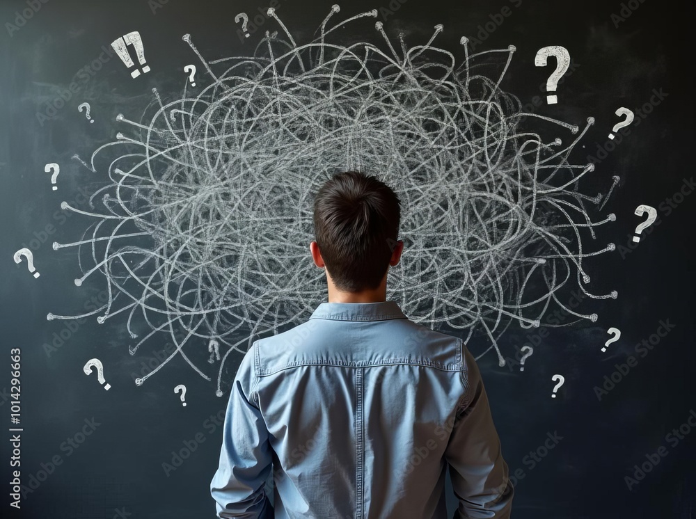Aufkleber confused man with questions: problem-solving and decision-making challenges in complex situations