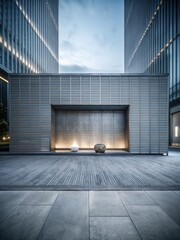 Modern architectural space with sleek gray tiles and a warm fireplace.