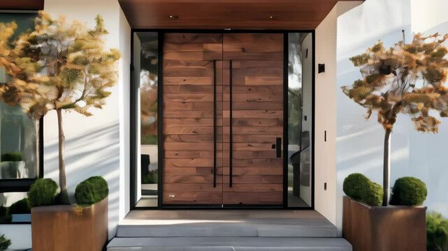 Exploring modern home entrance design featuring stunning wood doors and landscaped greenery