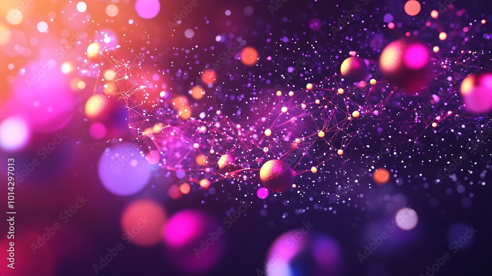 Poster Abstract background with colorful bokeh and connected dots.