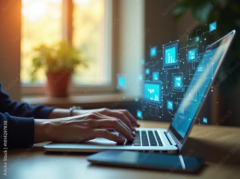 Poster digital technology workplace: modern laptop with futuristic interface for advanced professional comp