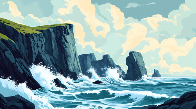 Towering cliffs crashing waves and a turbulent sky create a dramatic seascape. Windy Cliffs. Illustration