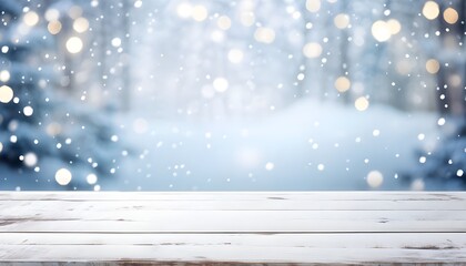 Empty Wooden table with bokeh background of snowy winter season. Generative ai