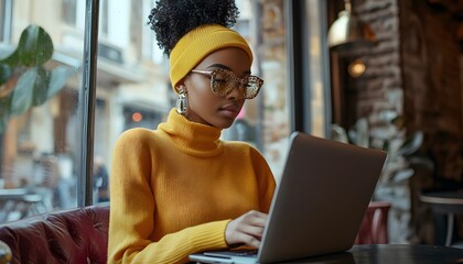 Woman with Yellow Sweater and Sunglasses Using Laptop in Cafe