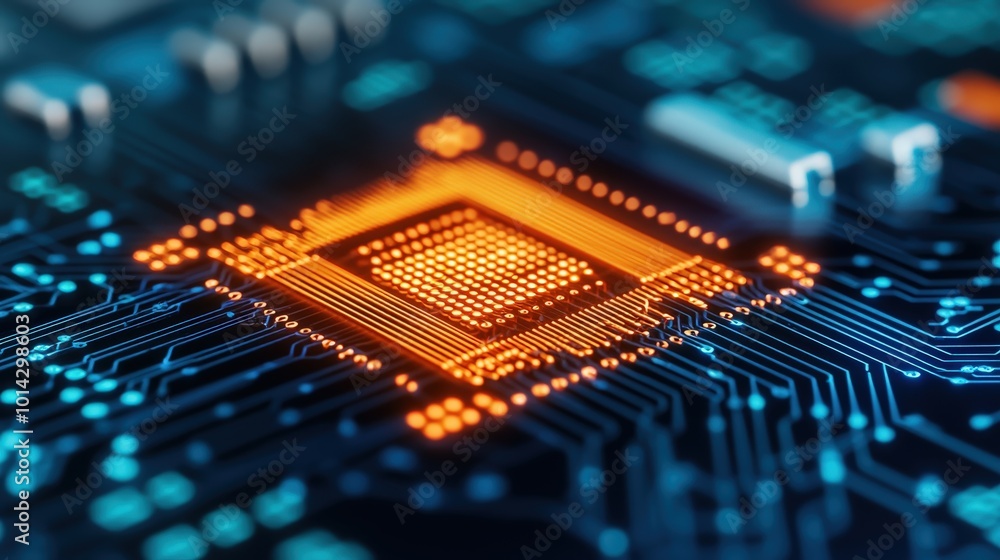 Poster glowing circuit board with cpu chip technology background