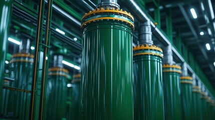 Industrial Green Cylinders in Modern Factory   Green Energy Production