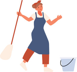 Housemaid Happily Sweeping the Floor with Joy. A housemaid with a broom and bucket, happily cleaning and enjoying her work