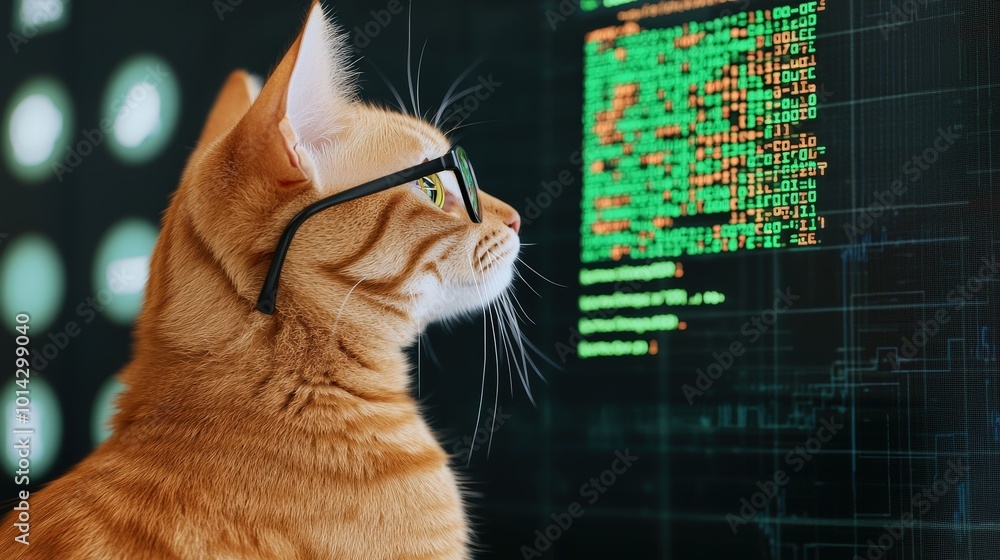 Poster cat wearing glasses looking at computer screen with code
