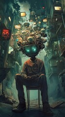 Surreal Digital Art: Man with TV Head in Futuristic City