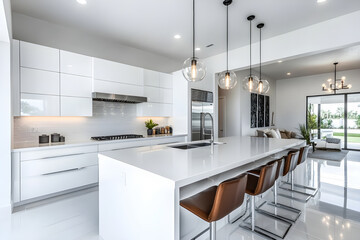 Sleek Minimalist Kitchen with High-Gloss White Cabinets, Waterfall Countertops, and Pendant Lights